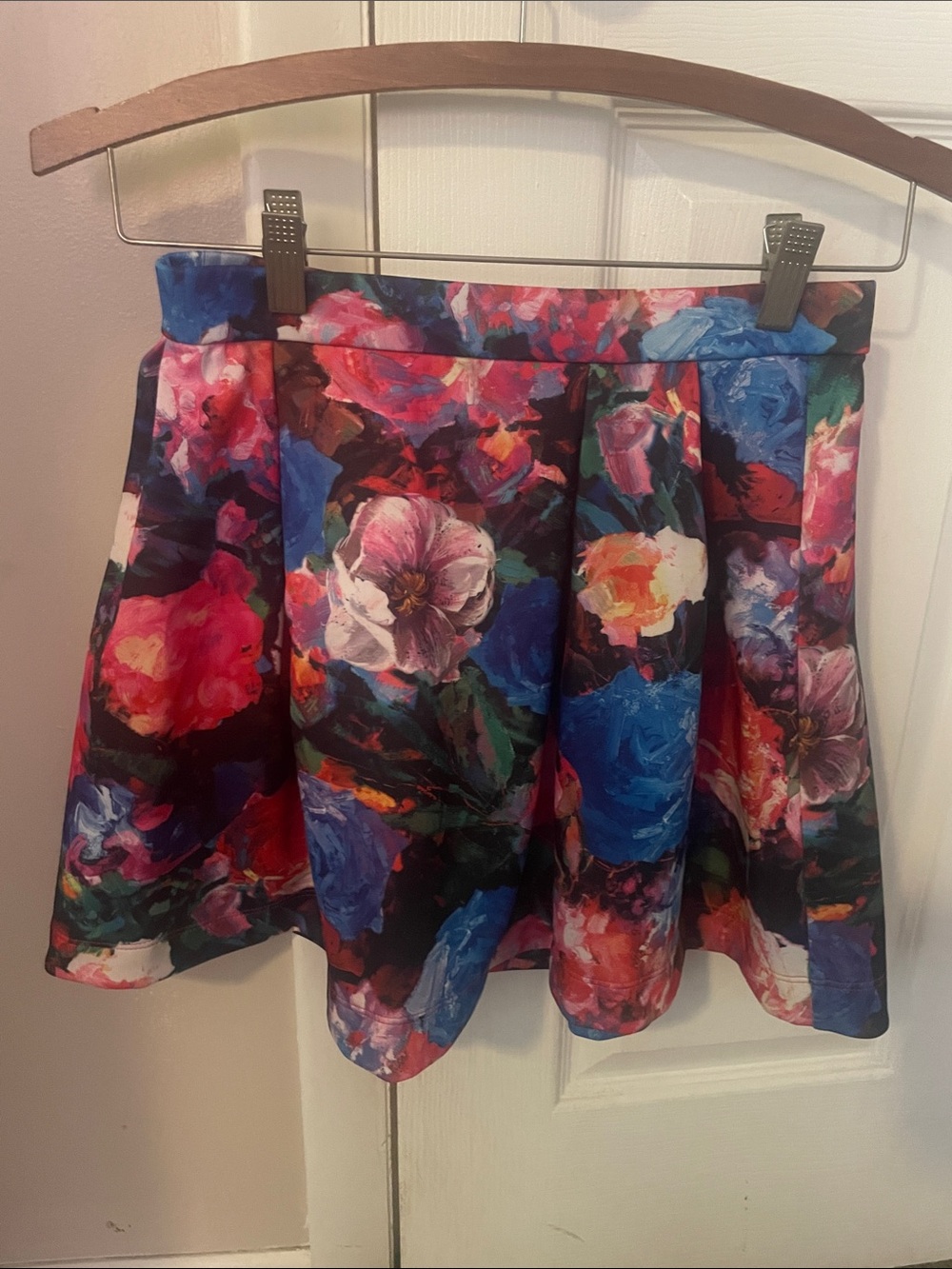 Express Floral Circle Skater Skirt in Blue, Pink, Red